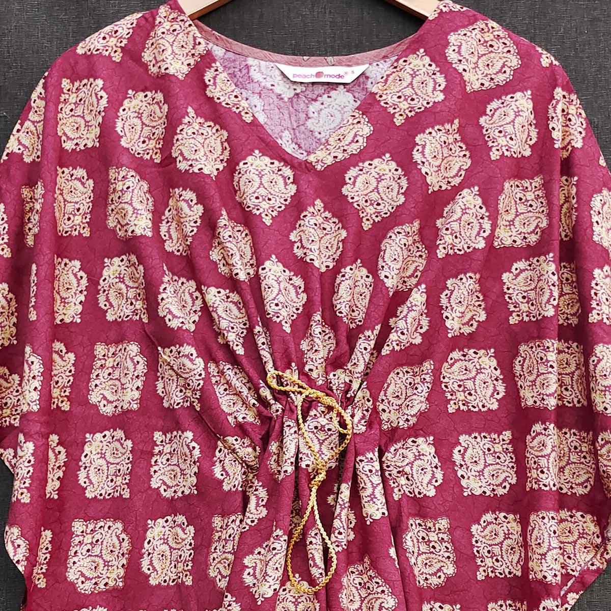 Maroon Foil Printed Rayon Kaftan Top - Peachmode