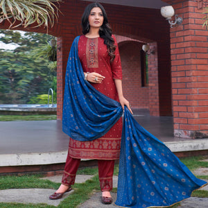 Maroon Foil Printed With Embroidered Rayon Kurti Pant Set With Dupatta - Peachmode