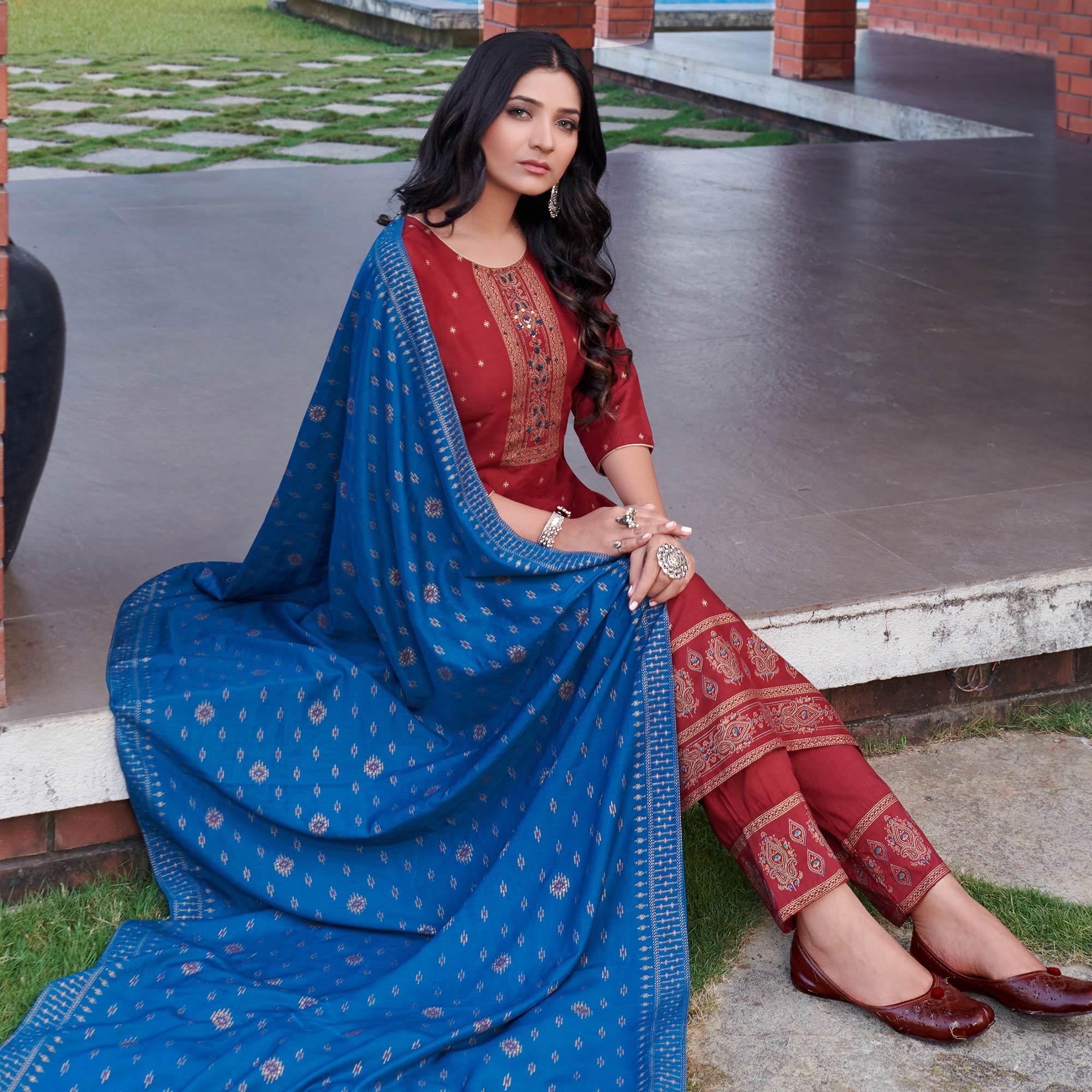 Maroon Foil Printed With Embroidered Rayon Kurti Pant Set With Dupatta - Peachmode