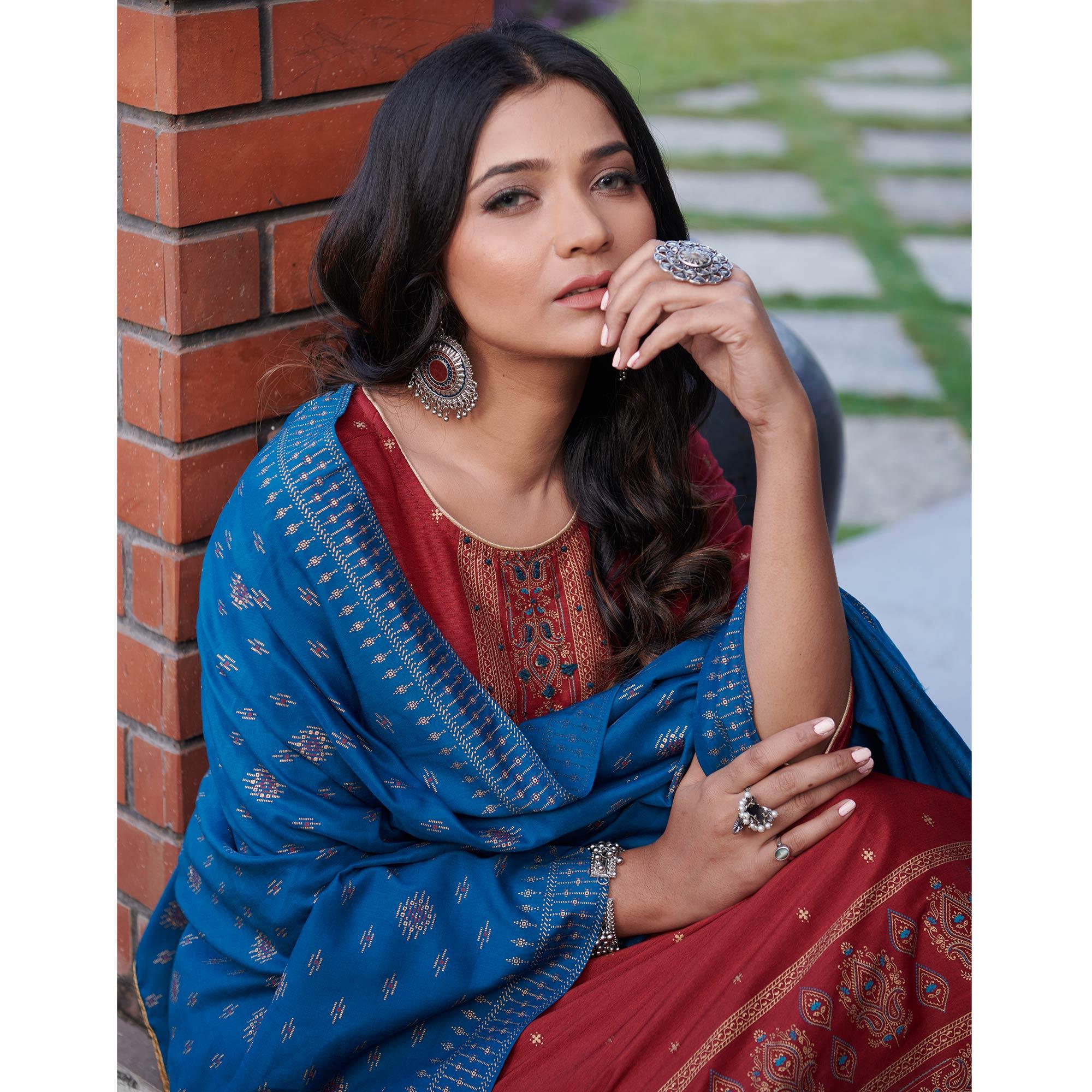 Maroon Foil Printed With Embroidered Rayon Kurti Pant Set With Dupatta - Peachmode