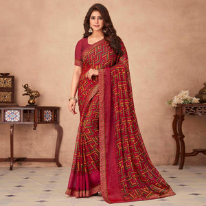 Maroon Geometric Printed Chiffon Saree - Peachmode