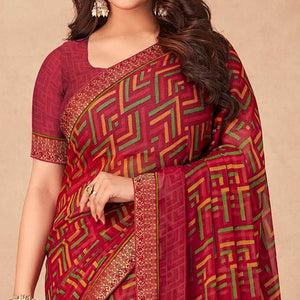 Maroon Geometric Printed Chiffon Saree - Peachmode