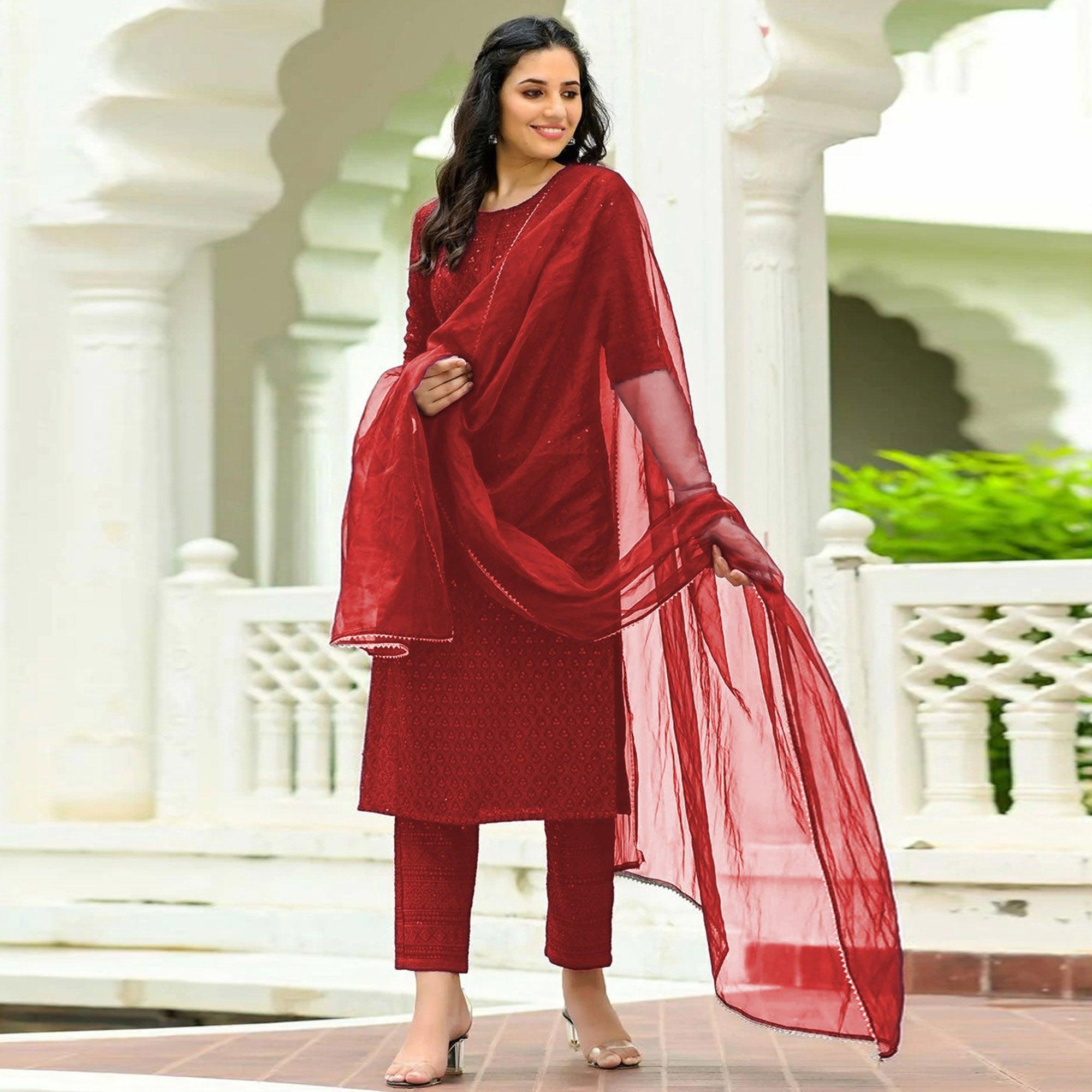 Maroon Lucknowi Chikankari Work Rayon Kurti Pant Set With Dupatta - Peachmode