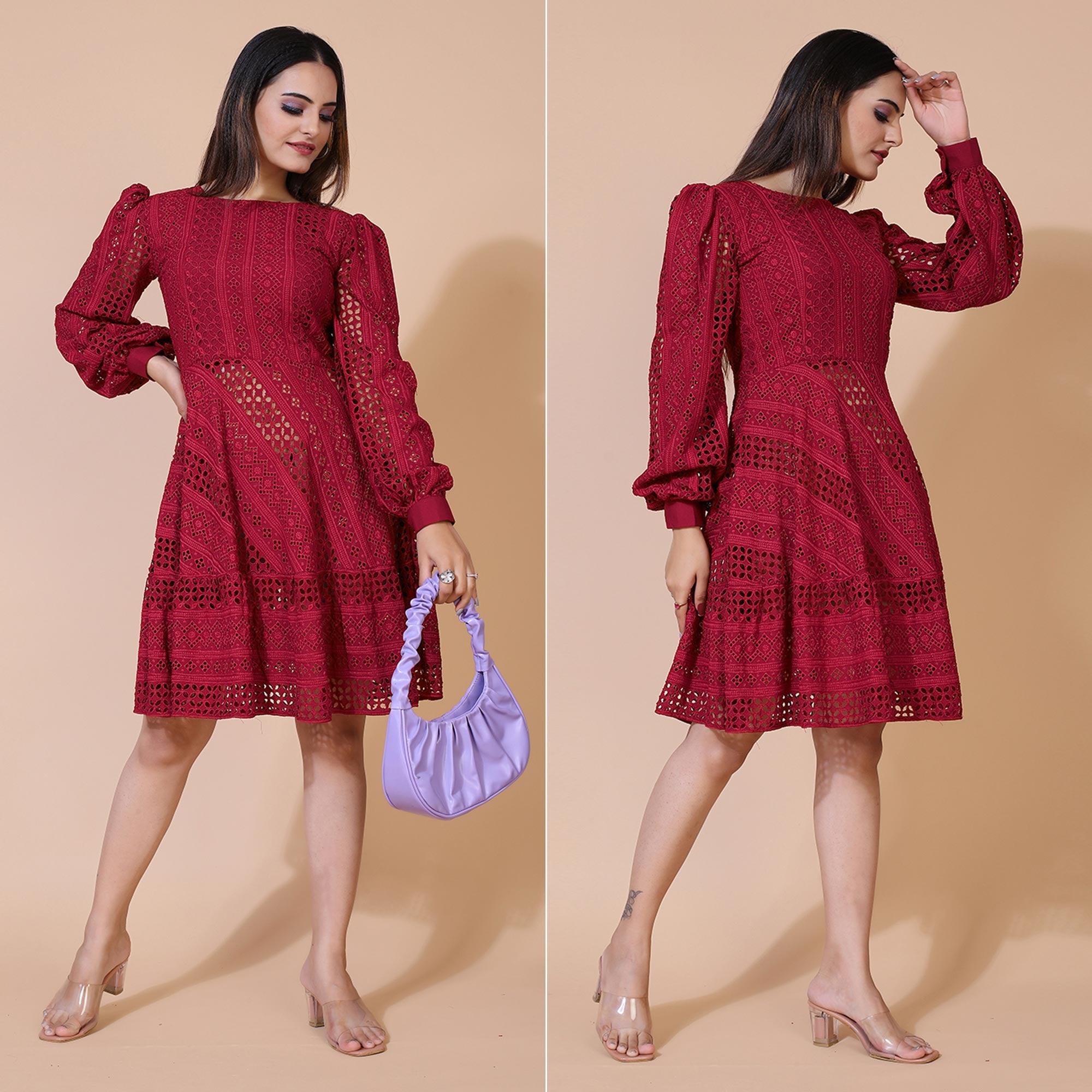 Maroon Lucknowi Chikankari Work Rayon Western Dress - Peachmode