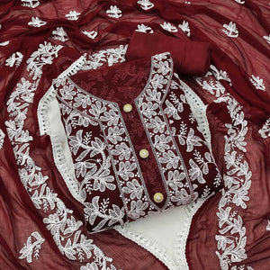 Maroon Lucknowi Embroidered Modal Dress Material - Peachmode