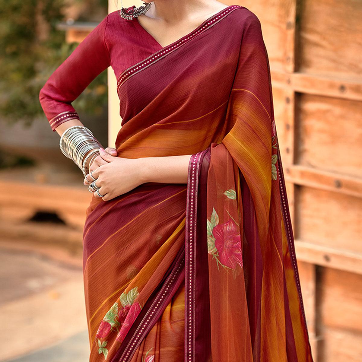 Maroon-Mustard Casual Wear Floral Printed Chiffon Saree With Fancy Blouse - Peachmode