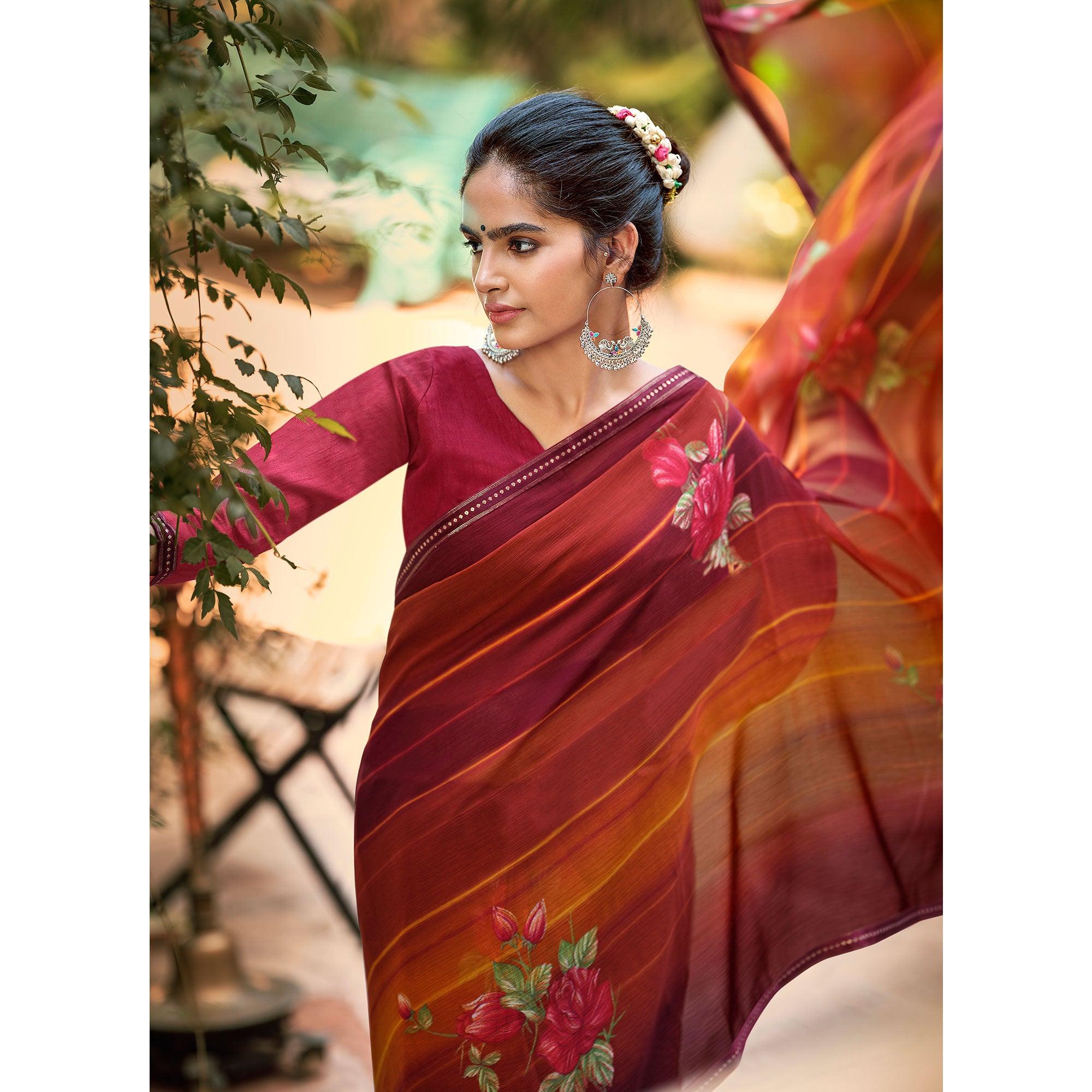 Maroon-Mustard Casual Wear Floral Printed Chiffon Saree With Fancy Blouse - Peachmode