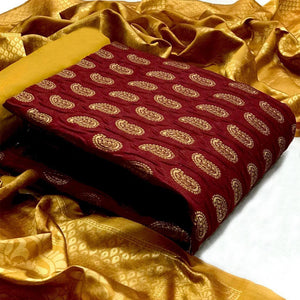 Maroon Paisley Woven Banarasi Silk Dress Material - Peachmode