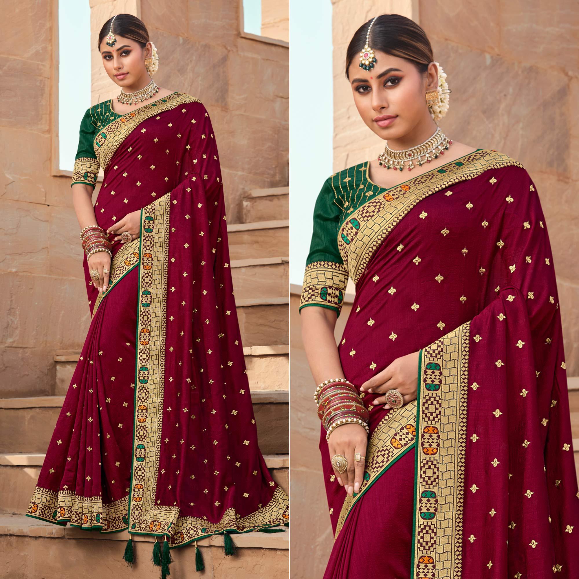 Maroon Party Wear Embroidered Art Silk Saree - Peachmode