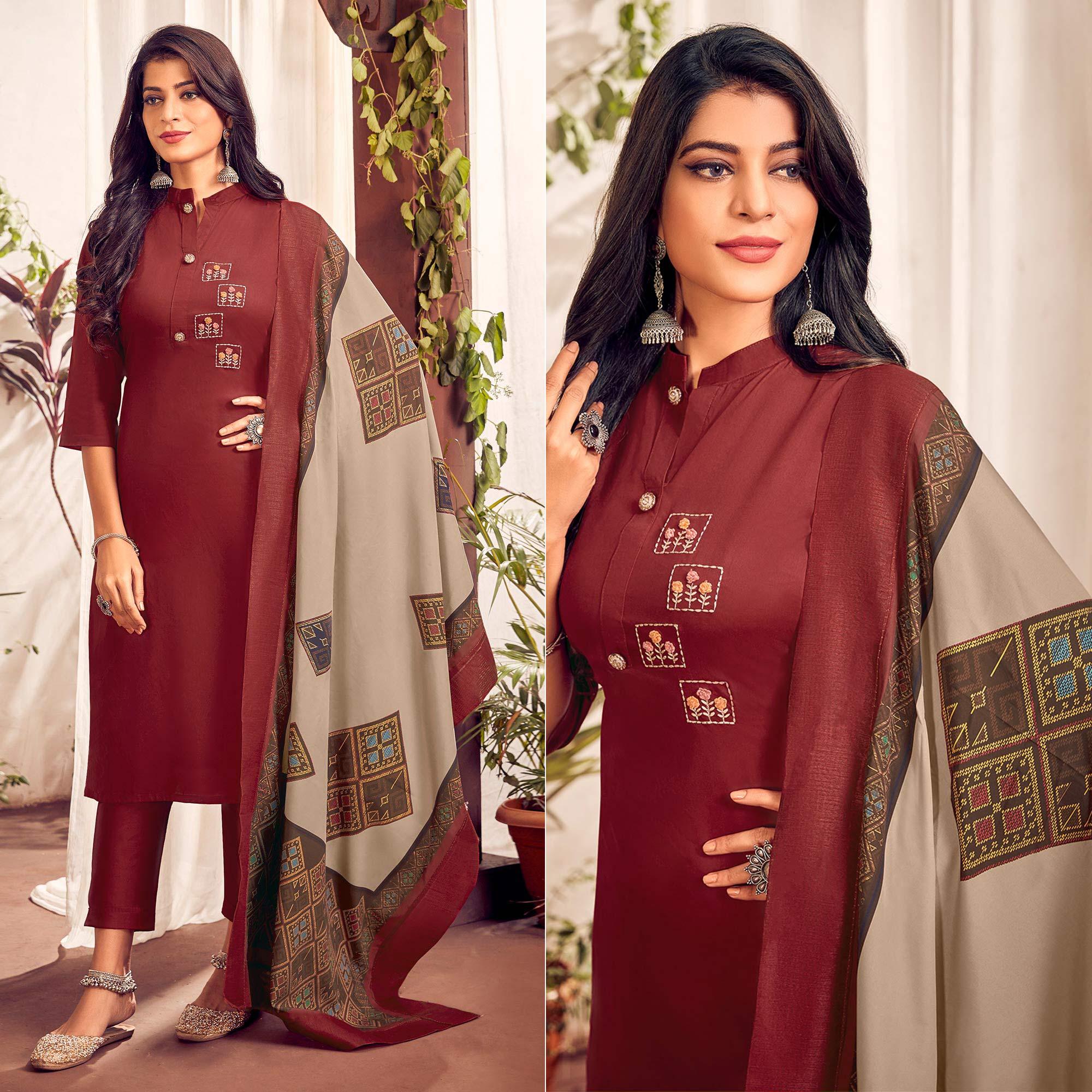 Maroon Party Wear Embroidered Cotton Kurti Pant Set With Dupatta - Peachmode