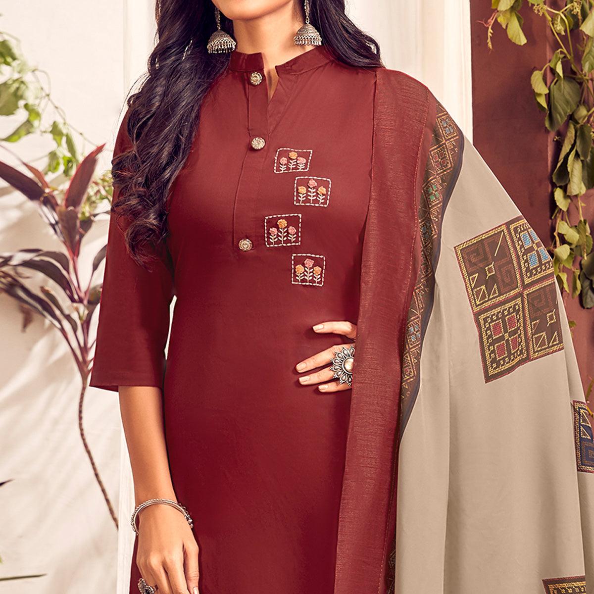 Maroon Party Wear Embroidered Cotton Kurti Pant Set With Dupatta - Peachmode