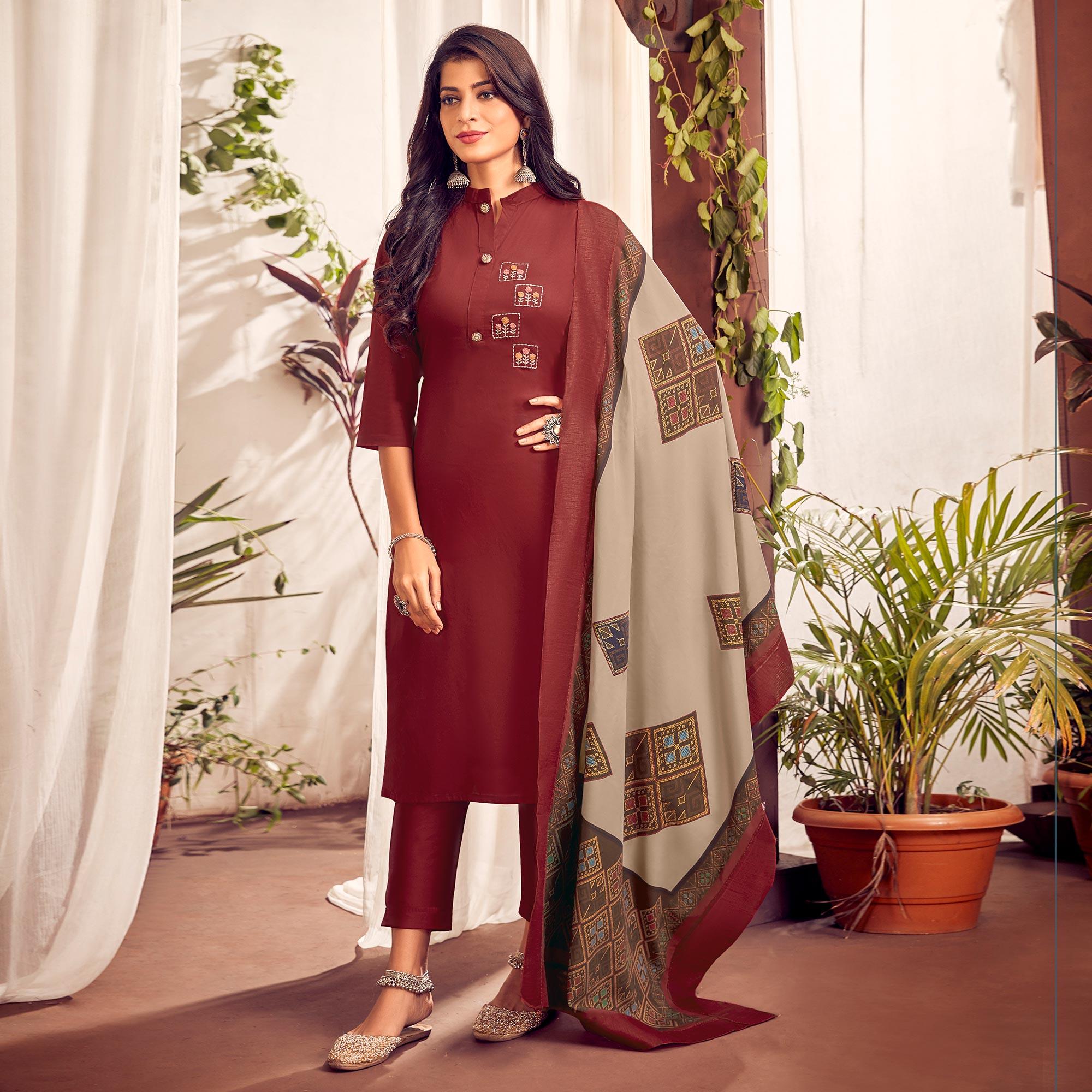 Maroon Party Wear Embroidered Cotton Kurti Pant Set With Dupatta - Peachmode