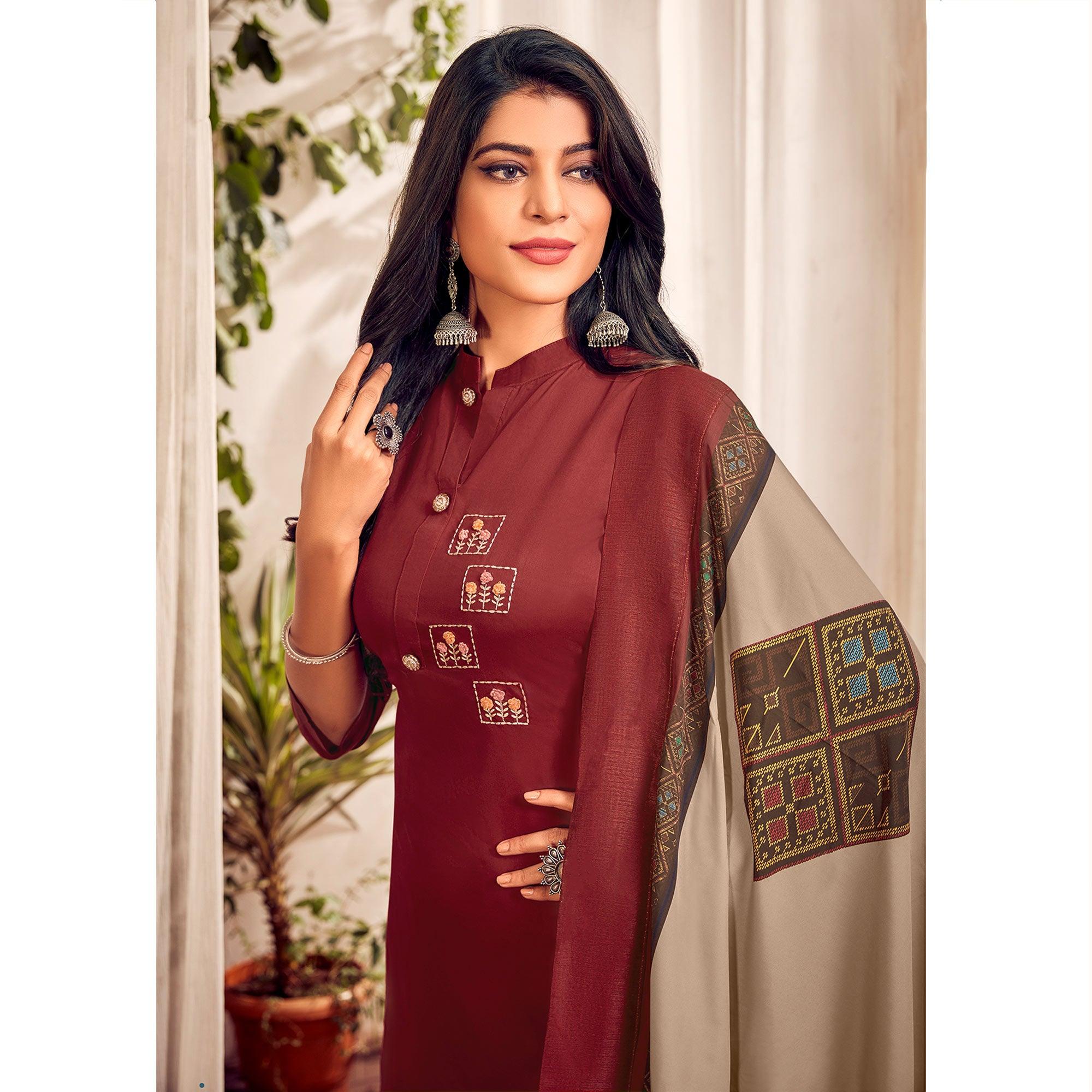Maroon Party Wear Embroidered Cotton Kurti Pant Set With Dupatta - Peachmode