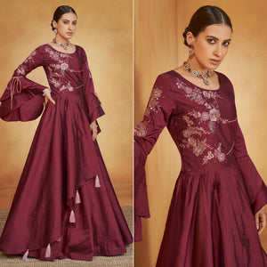 Maroon Party Wear Embroidered Tapetta Gown - Peachmode