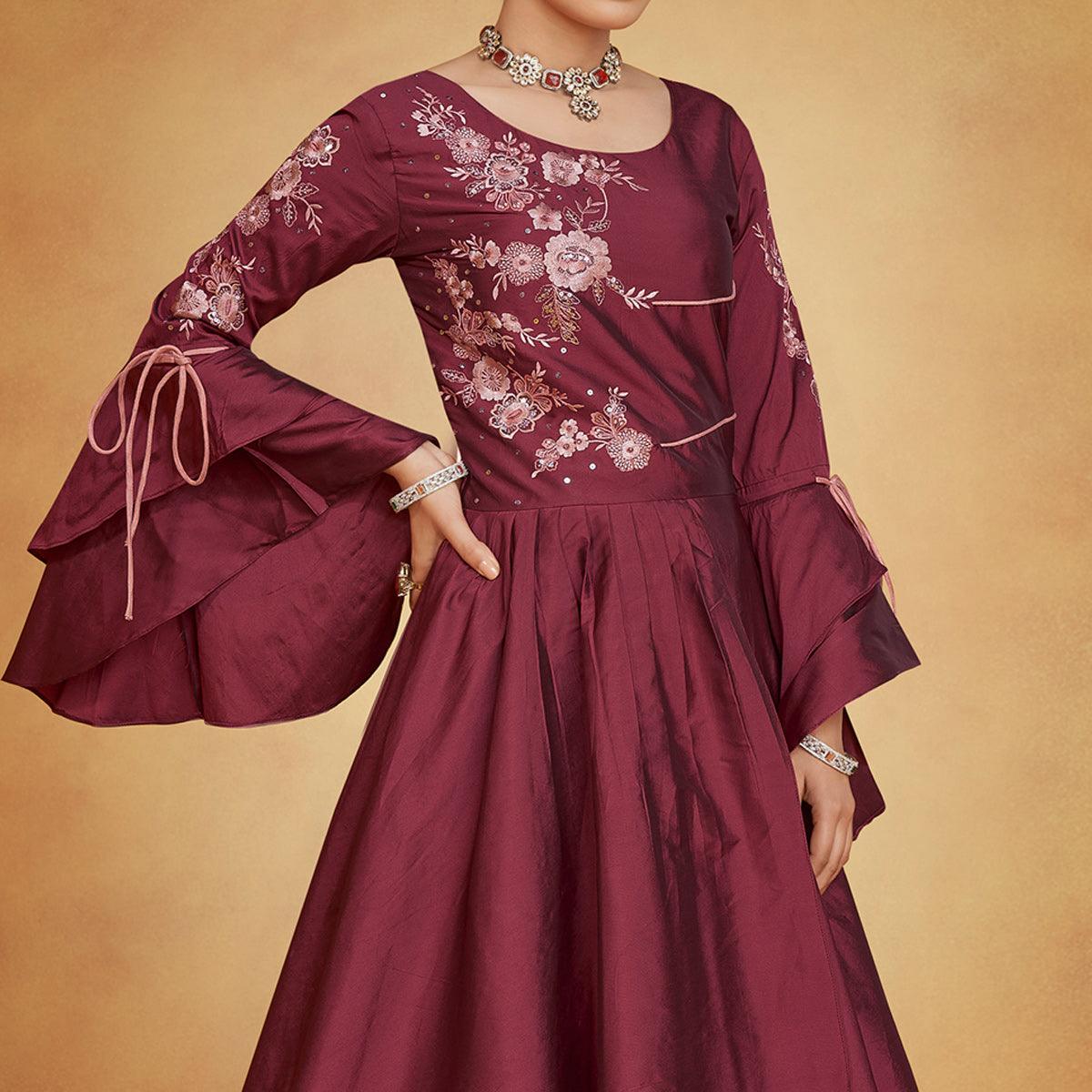 Maroon Party Wear Embroidered Tapetta Gown - Peachmode