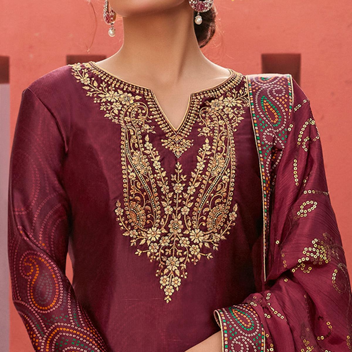 Maroon Party Wear Floral Embroidery With Digital Printed Jam Satin Suit - Peachmode