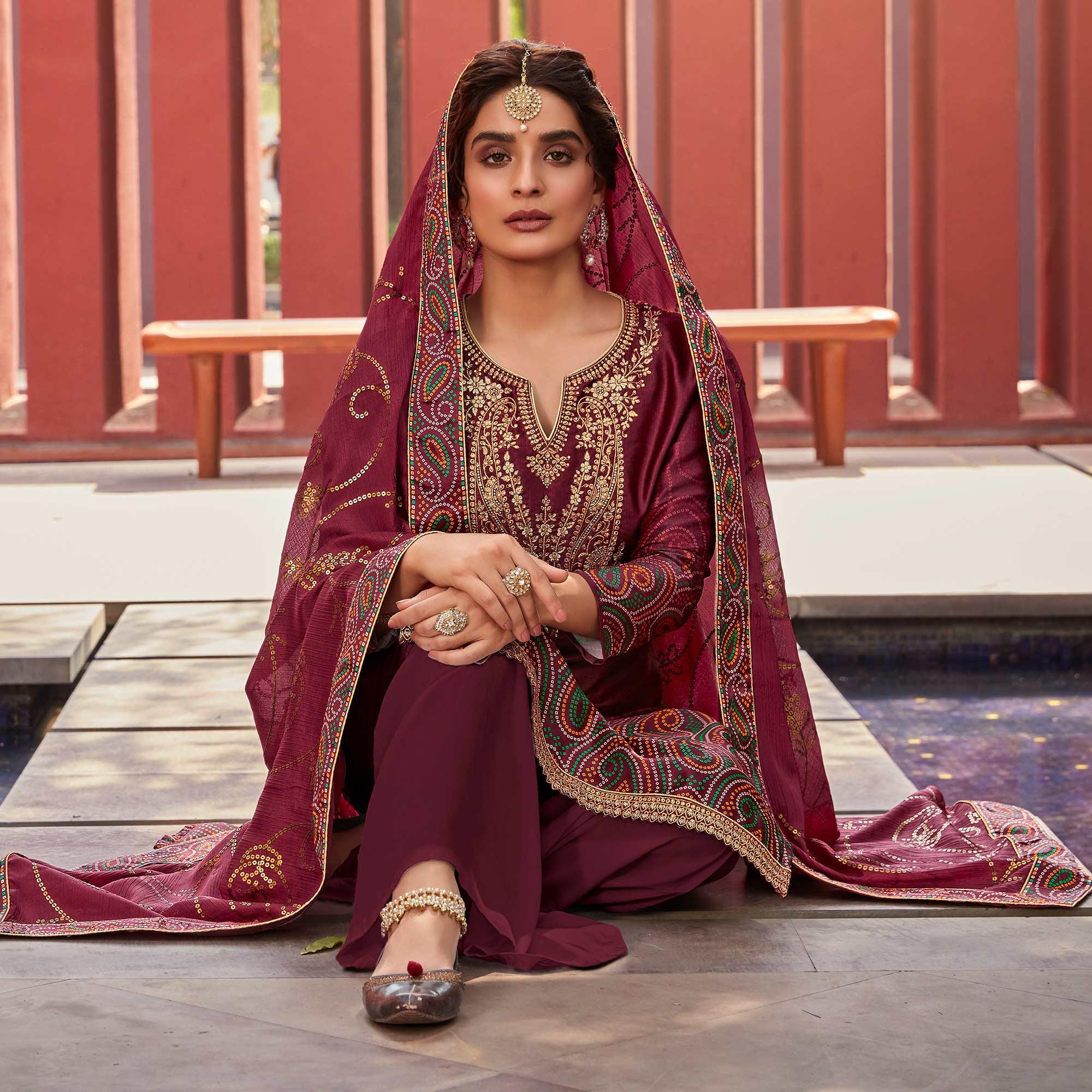 Maroon Party Wear Floral Embroidery With Digital Printed Jam Satin Suit - Peachmode