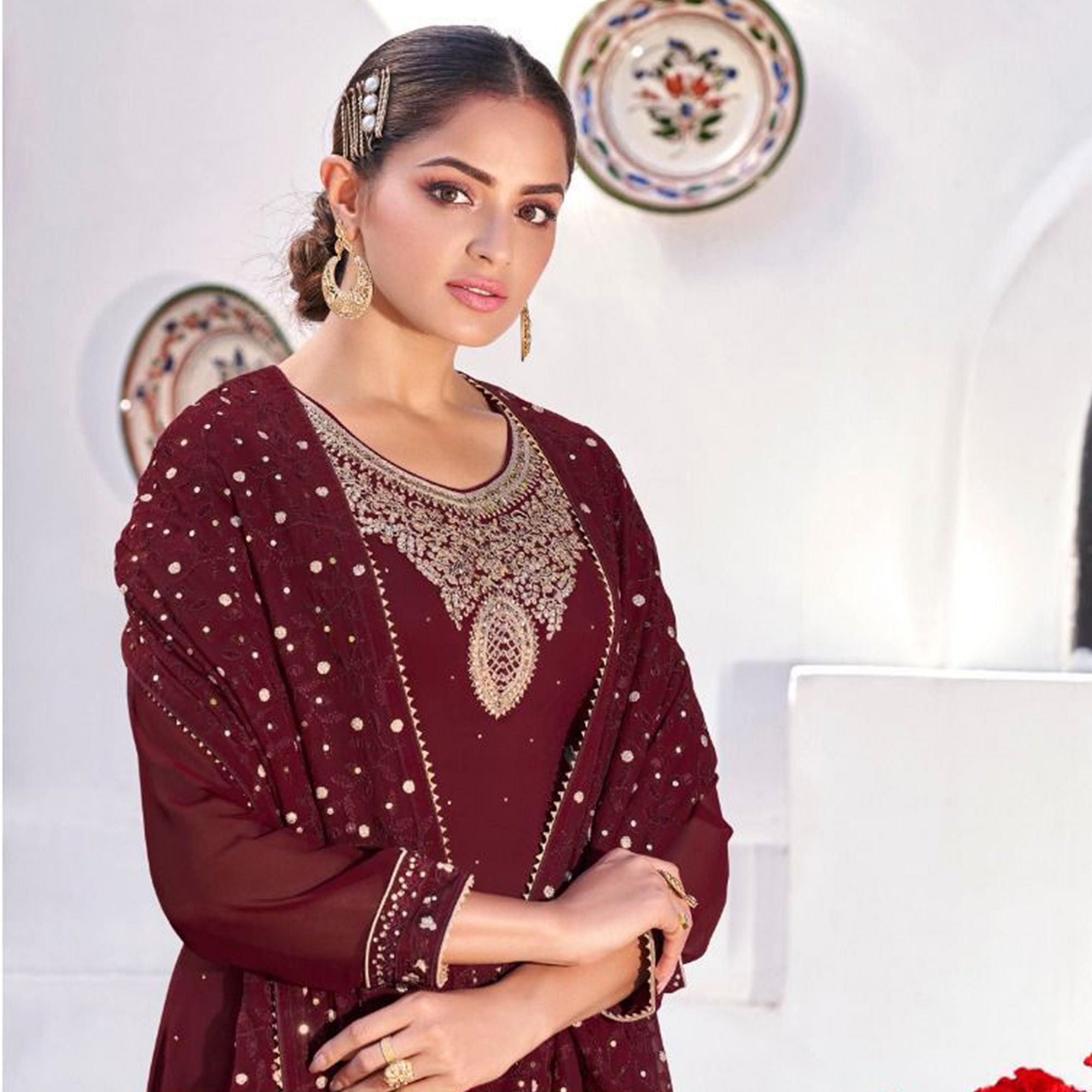 Maroon Party Wear Heavy Embroidered Georgette Suit - Peachmode