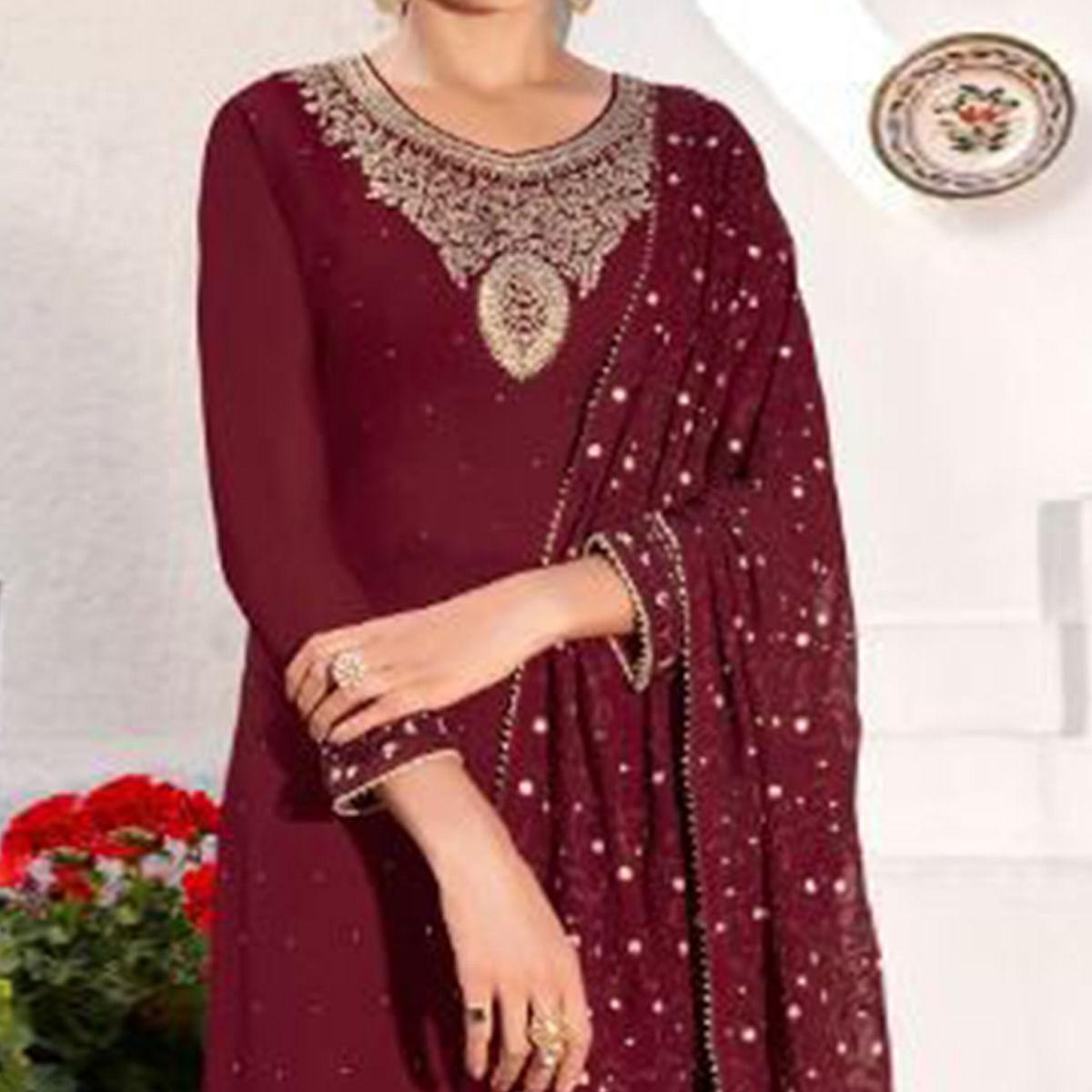 Maroon Party Wear Heavy Embroidered Georgette Suit - Peachmode
