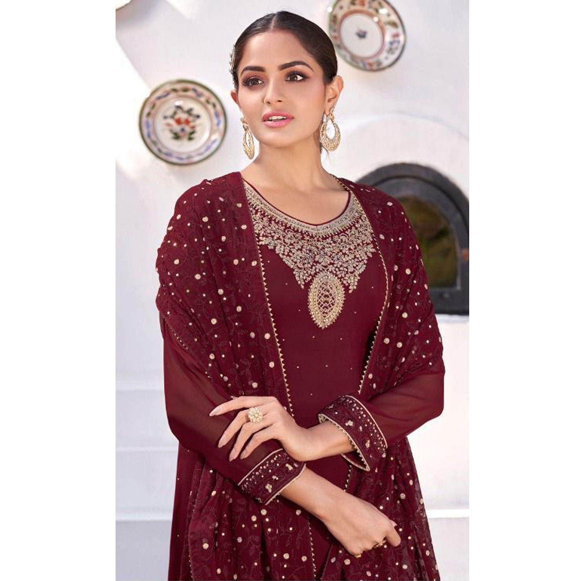 Maroon Party Wear Heavy Embroidered Georgette Suit - Peachmode