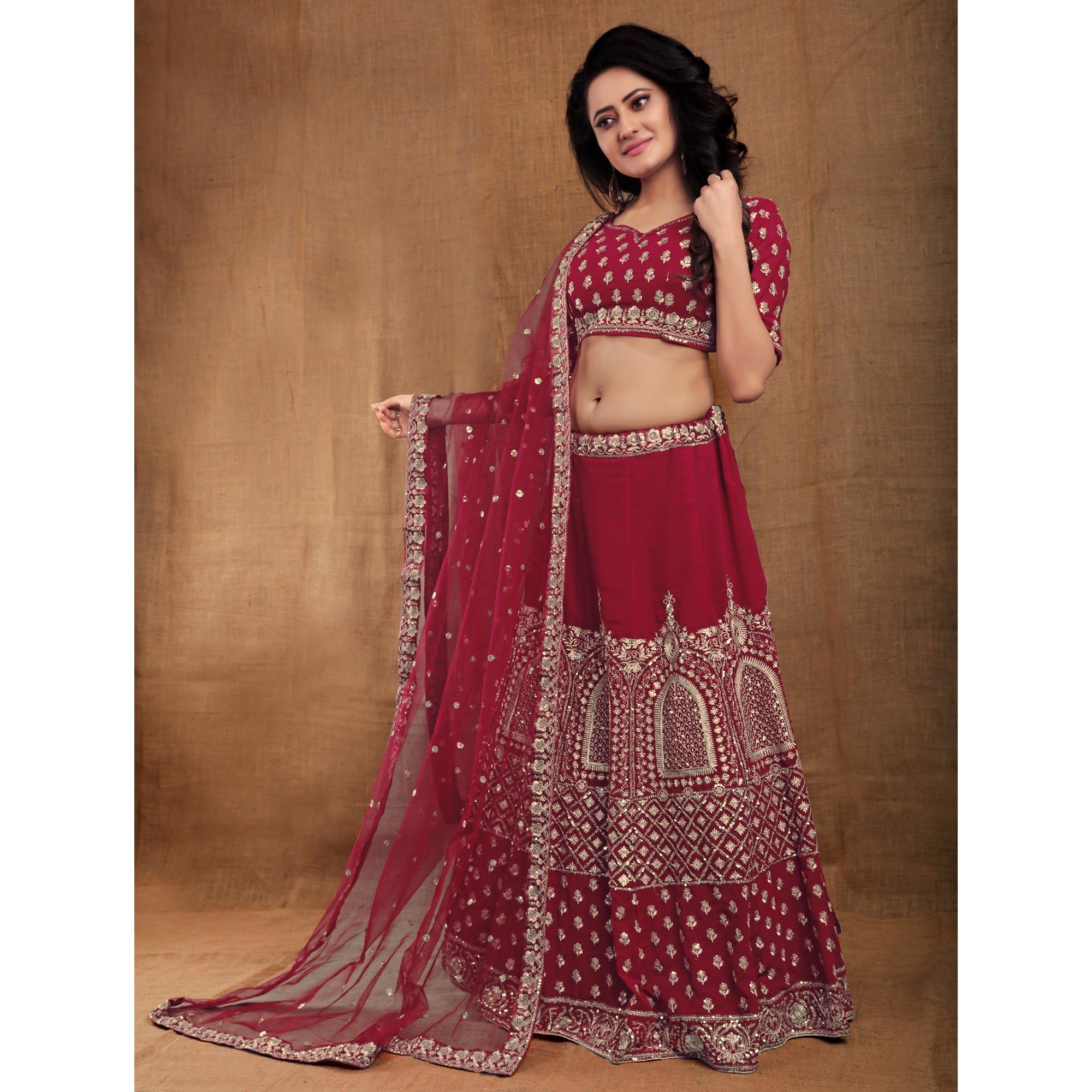 Maroon Party Wear Sequence Embroidered Georgette Lehenga Choli - Peachmode