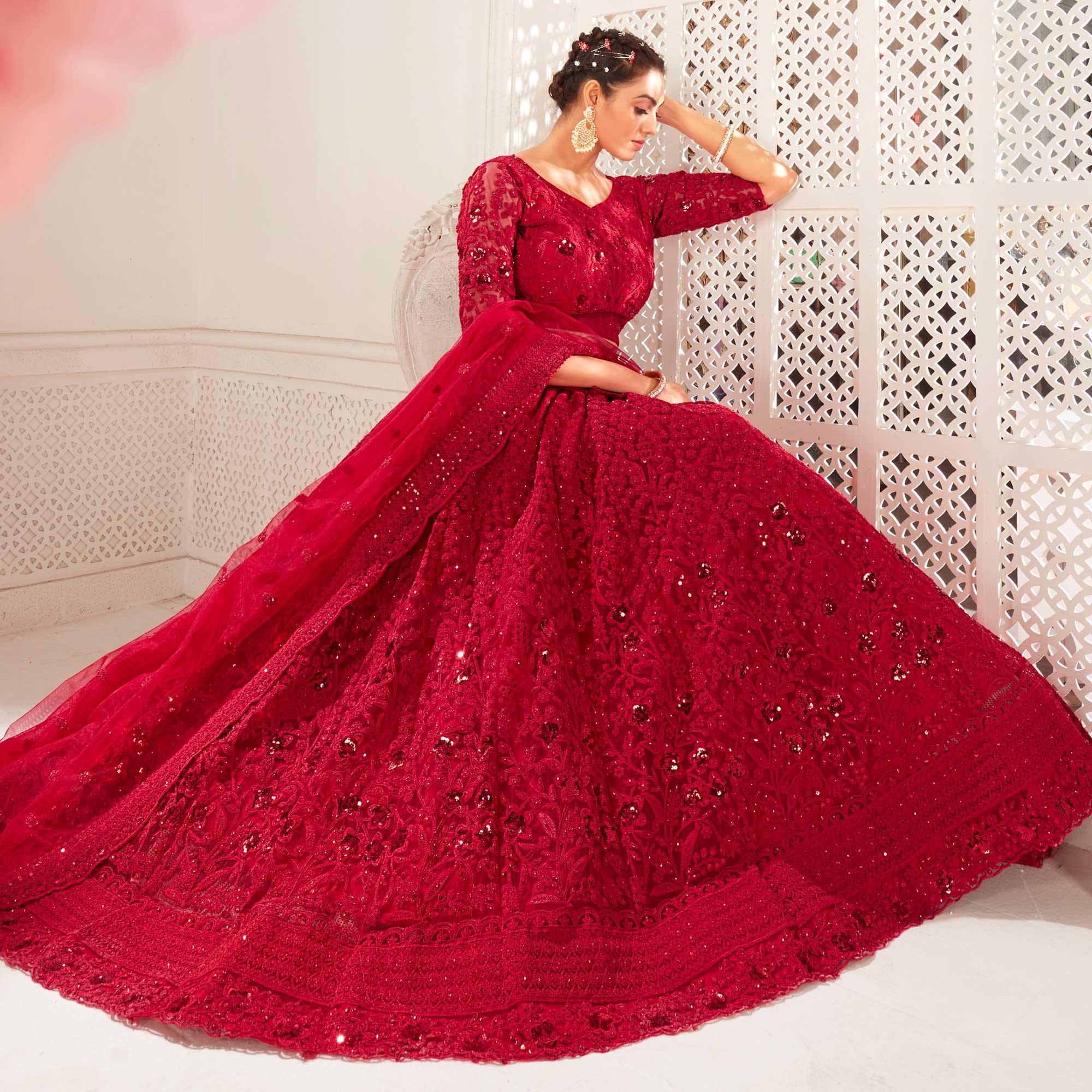 Maroon Partywear Cording Embroidery With Embellished Net Lehenga Choli - Peachmode