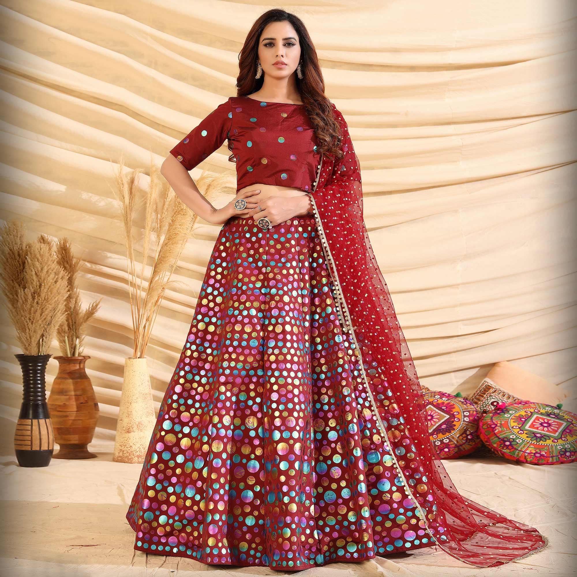 Maroon Partywear Designer Pigment Foil Printed Tafetta Silk Lehenga Choli - Peachmode