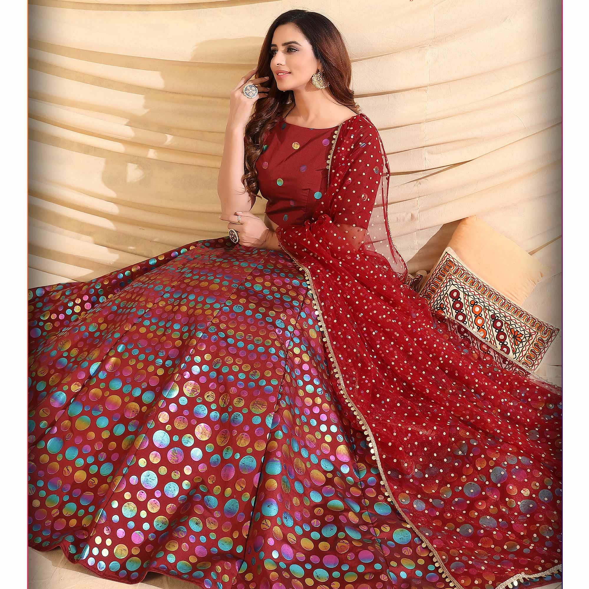Maroon Partywear Designer Pigment Foil Printed Tafetta Silk Lehenga Choli - Peachmode