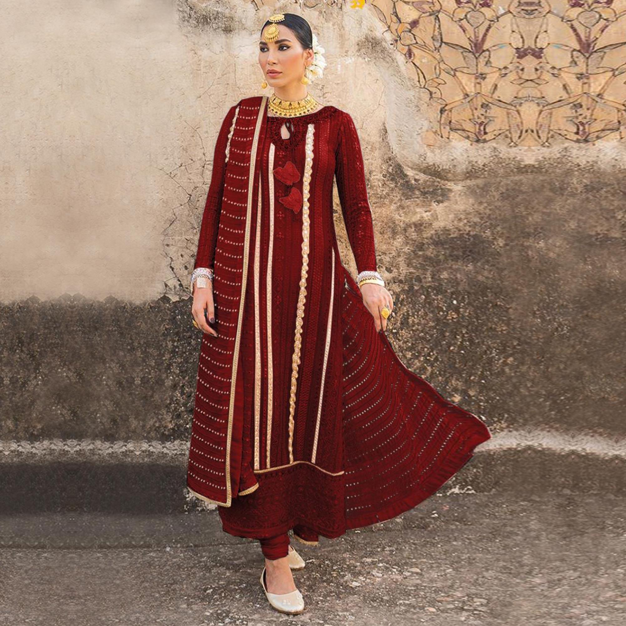 Maroon Partywear Embellished & Embroidered Georgette Anarkali Suit - Peachmode