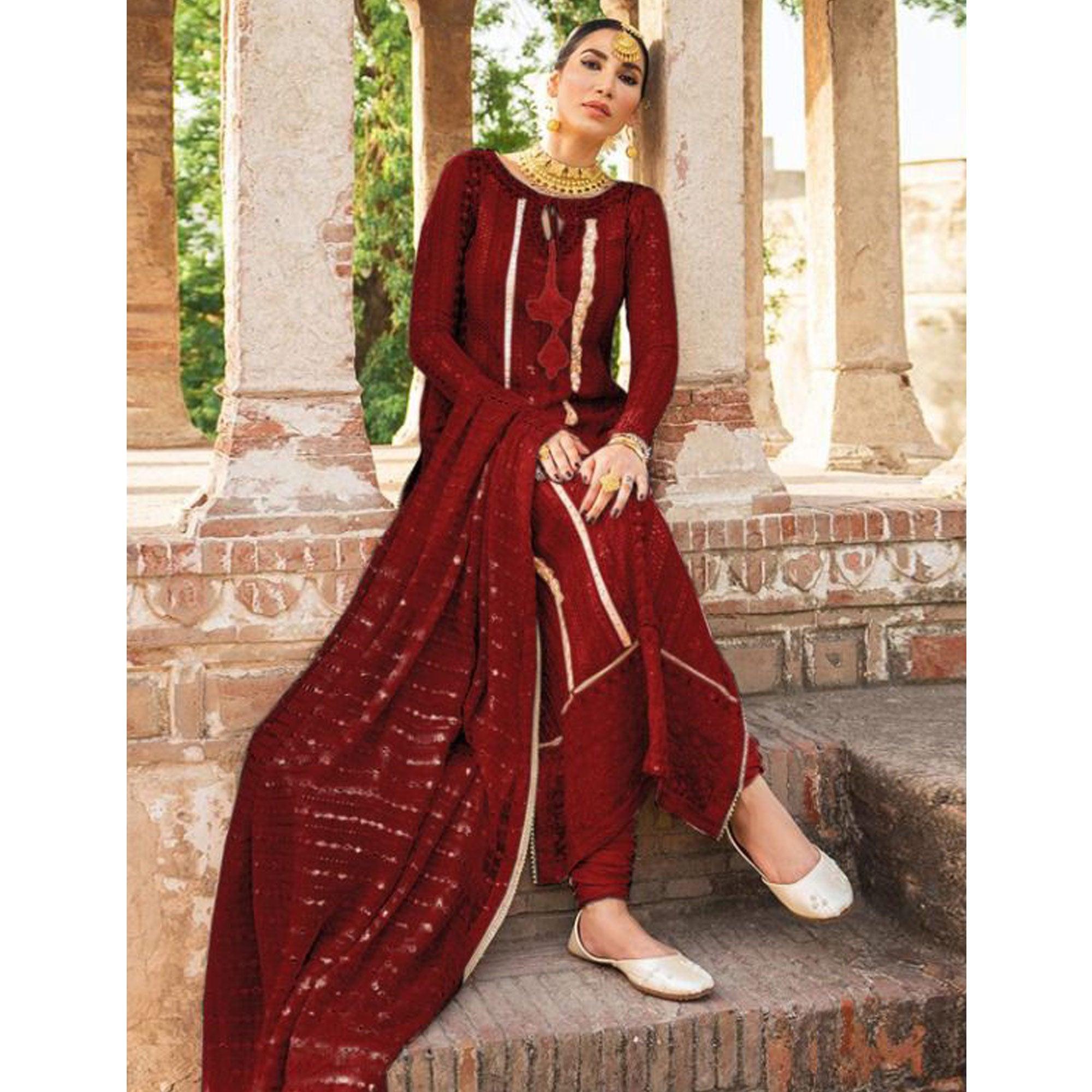 Maroon Partywear Embellished & Embroidered Georgette Anarkali Suit - Peachmode