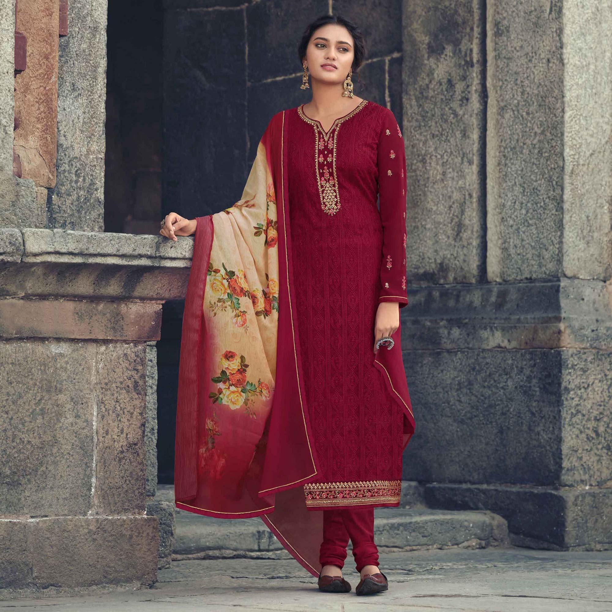 Maroon Partywear Embroidered & Embellished Faux Georgette Salwar Suit - Peachmode