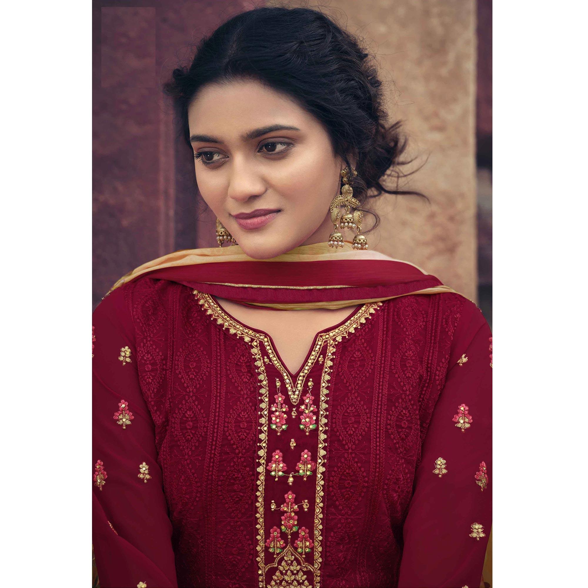 Maroon Partywear Embroidered & Embellished Faux Georgette Salwar Suit - Peachmode
