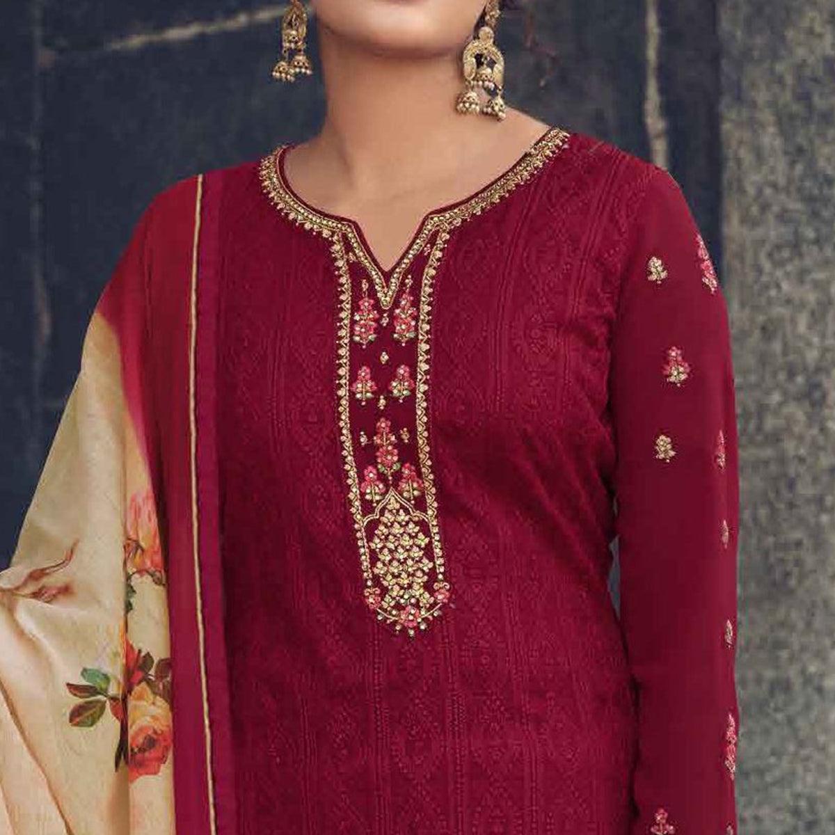 Maroon Partywear Embroidered & Embellished Faux Georgette Salwar Suit - Peachmode