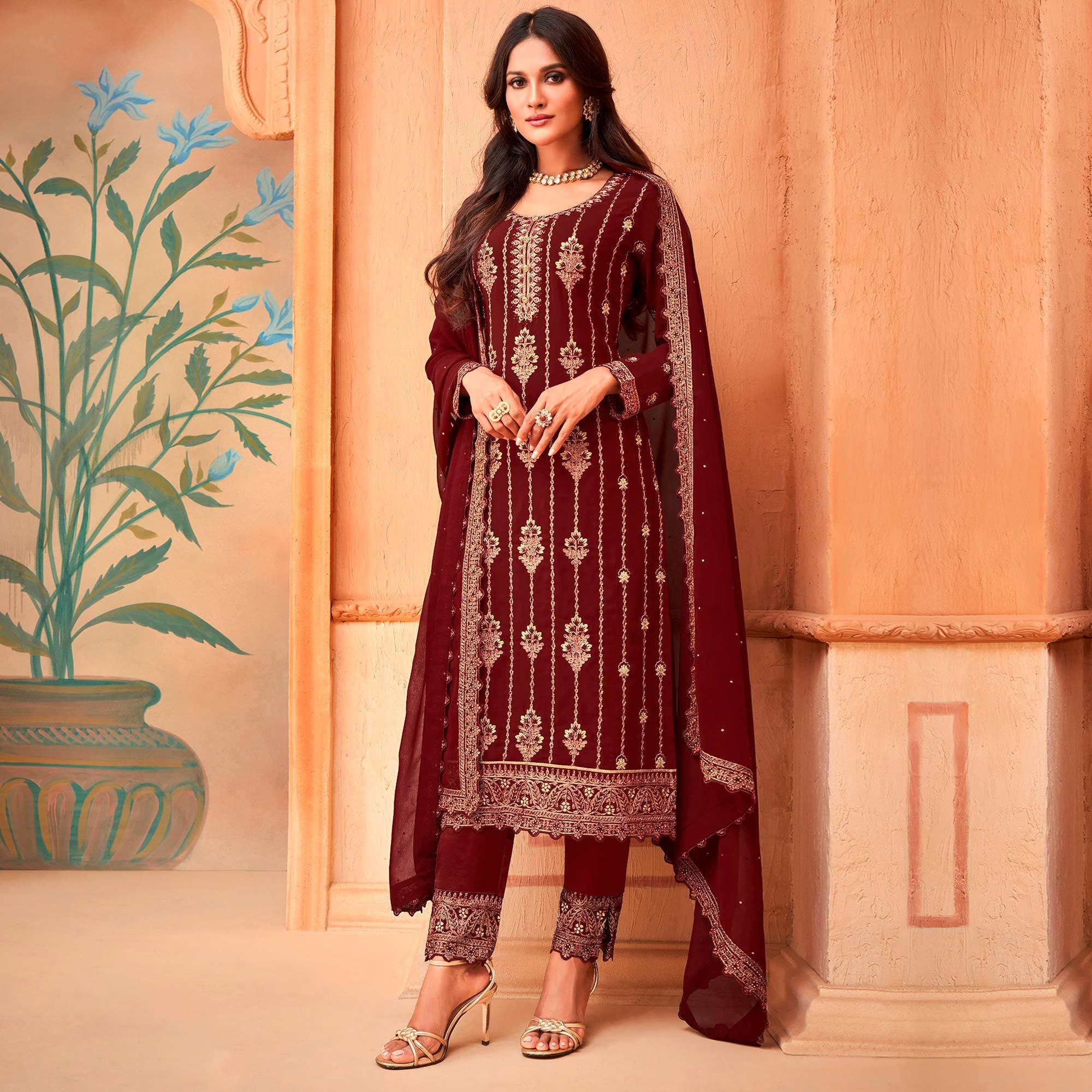 Maroon Partywear Embroidered & Sequence Work Faux Georgette Salwar Suit - Peachmode