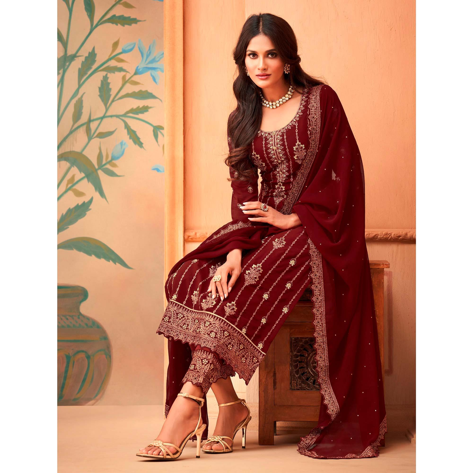 Maroon Partywear Embroidered & Sequence Work Faux Georgette Salwar Suit - Peachmode