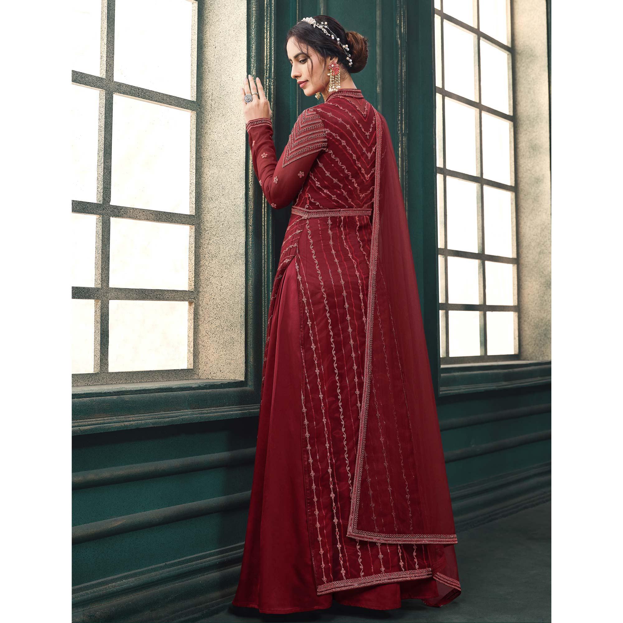 Maroon Partywear Embroidered Butterfly Net Anarkali Suit - Peachmode