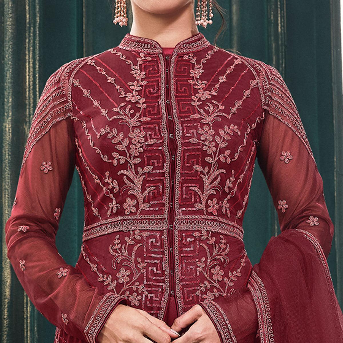 Maroon Partywear Embroidered Butterfly Net Anarkali Suit - Peachmode