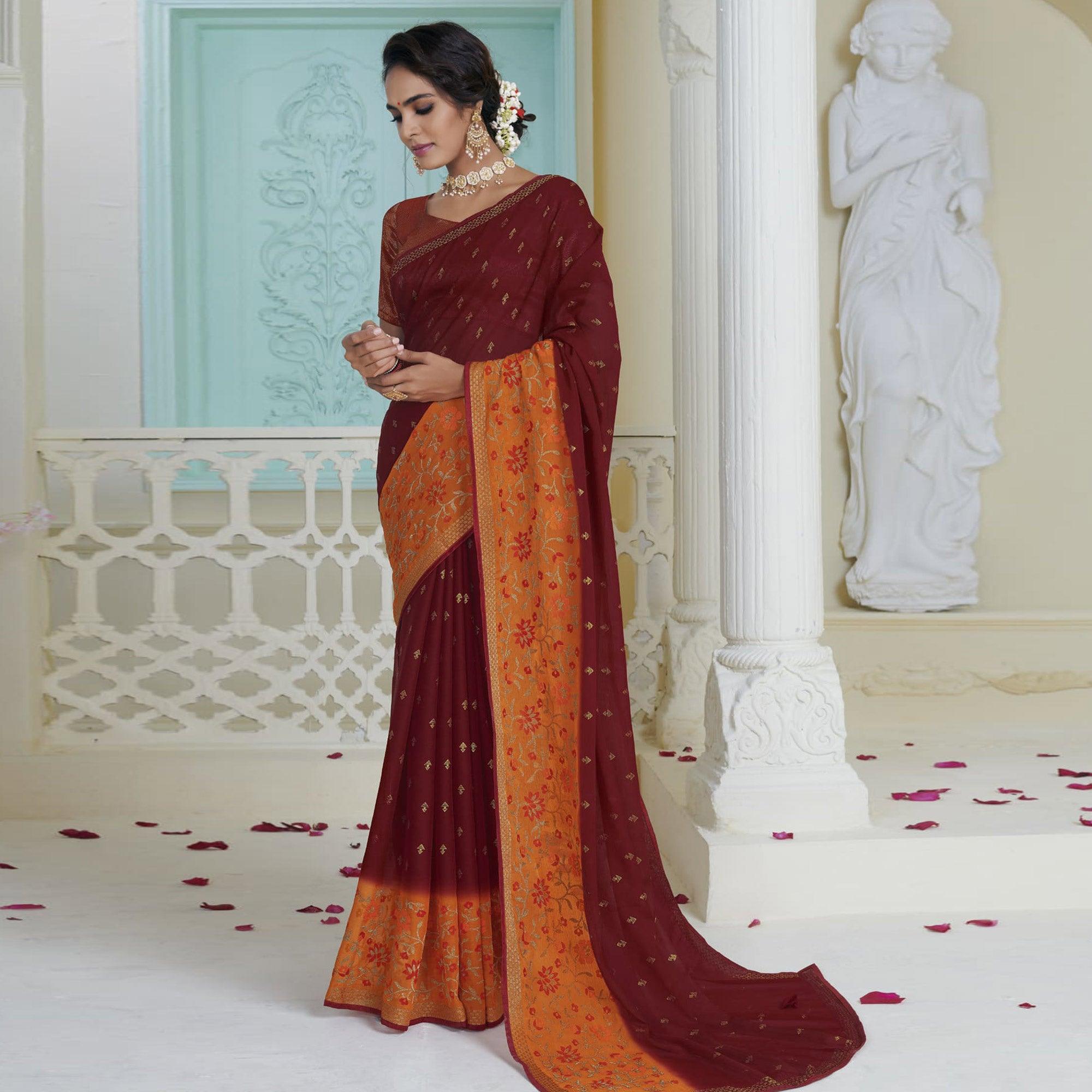 Maroon Partywear Embroidered Chiffon Saree - Peachmode