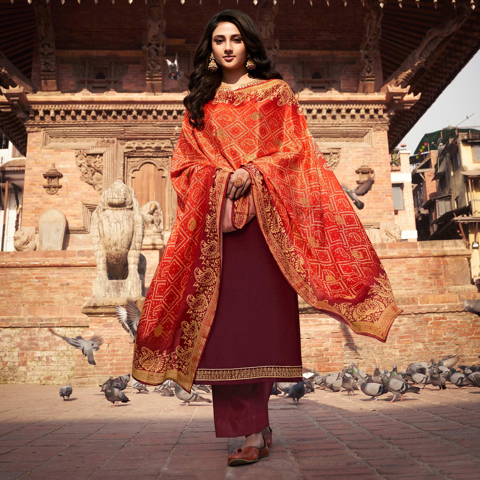 Maroon Partywear Embroidered Chinon chiffon Suit - Peachmode