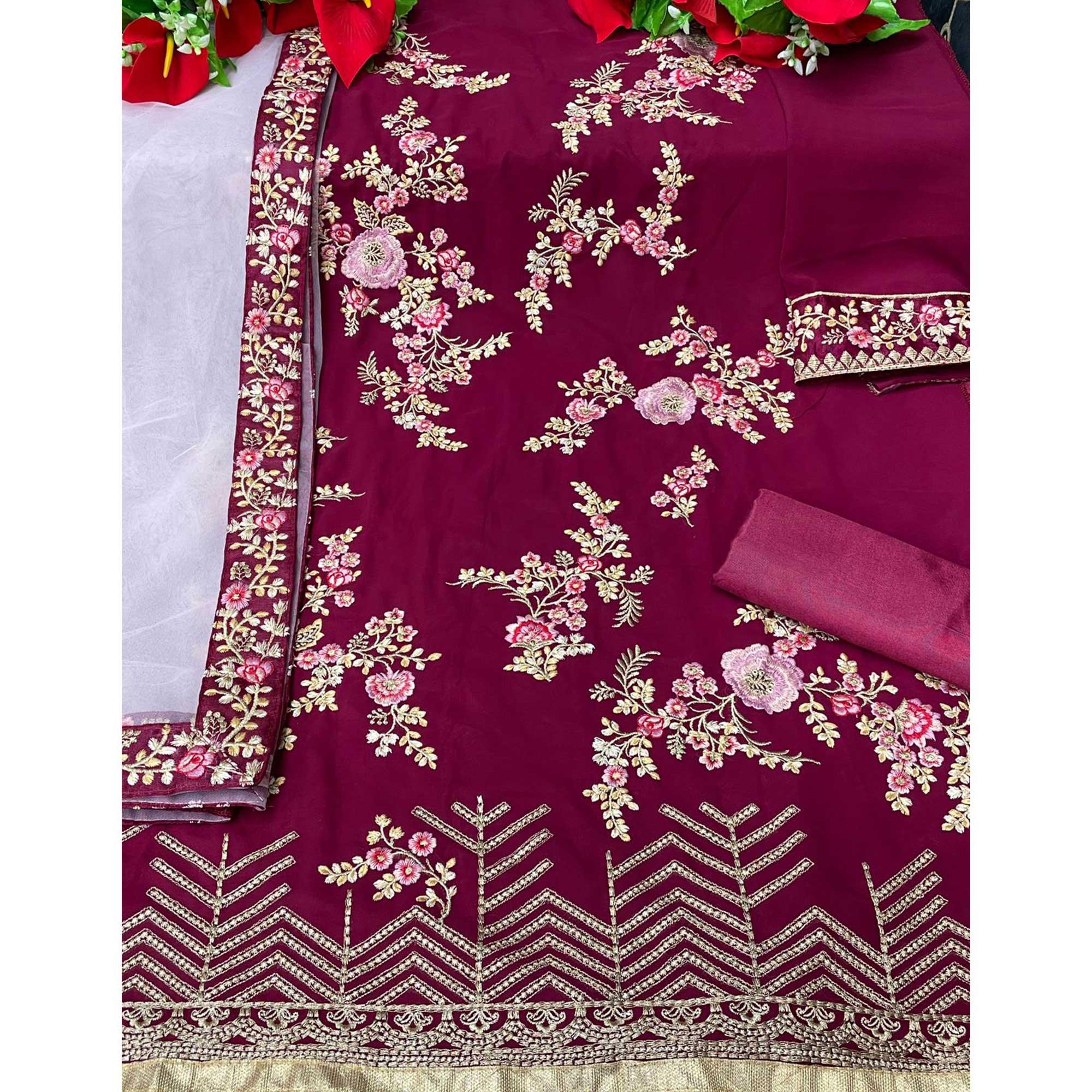 Maroon Partywear Embroidered Faux Georgette Salwar Suit - Peachmode