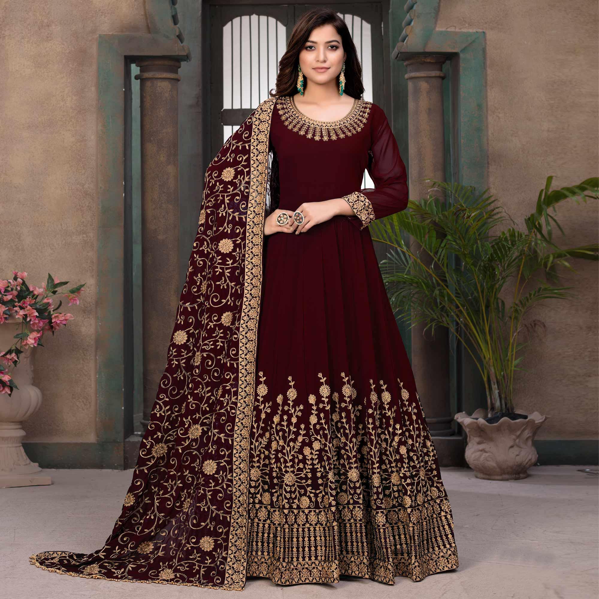 Maroon Partywear Embroidered Georgette Anarkali Suit - Peachmode