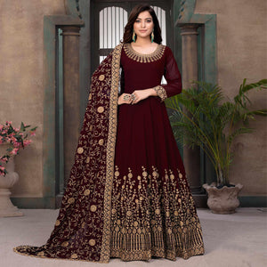 Maroon Partywear Embroidered Georgette Anarkali Suit - Peachmode
