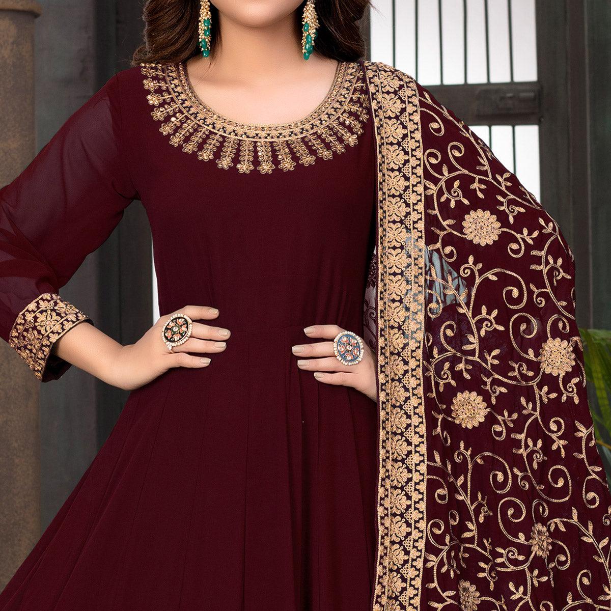 Maroon Partywear Embroidered Georgette Anarkali Suit - Peachmode
