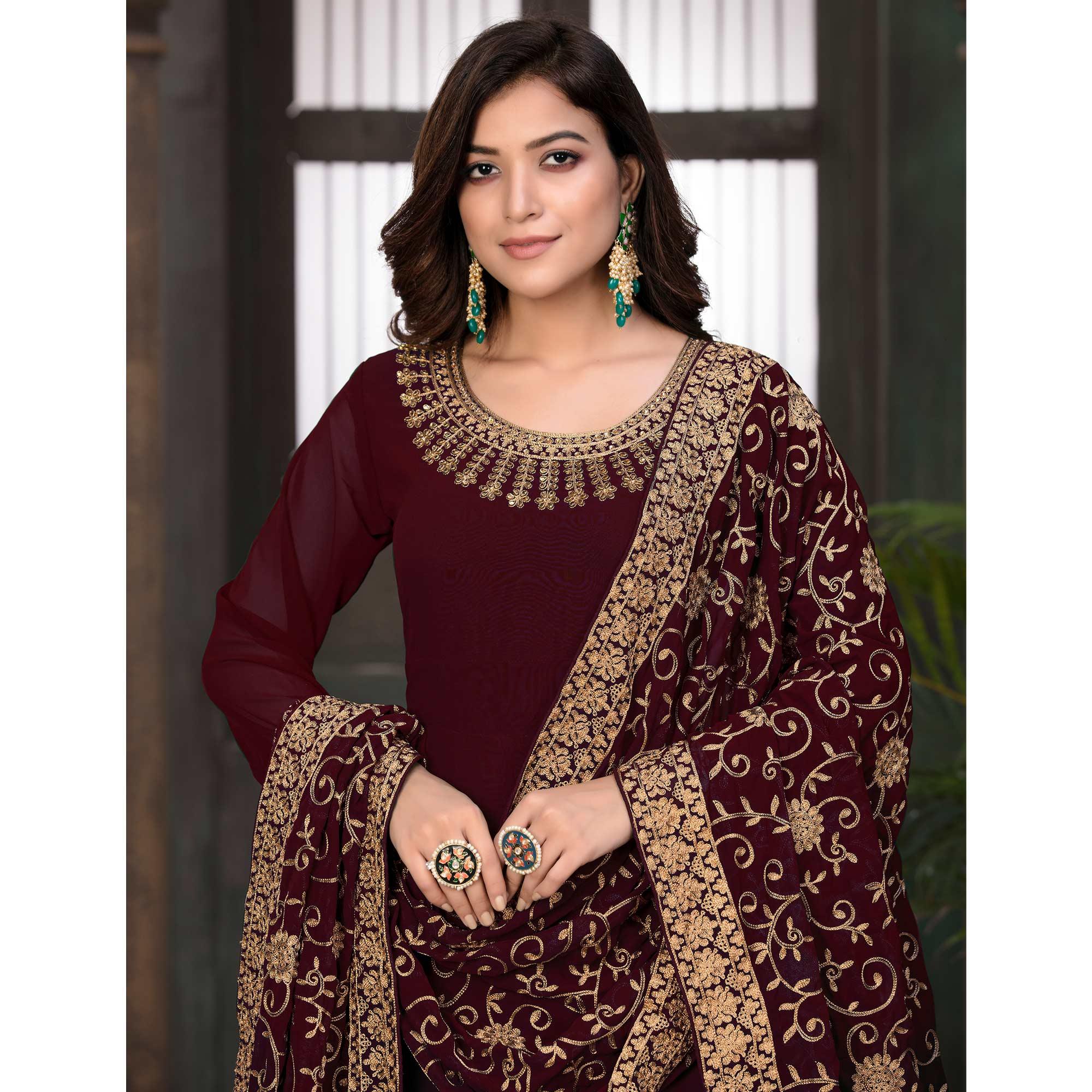Maroon Partywear Embroidered Georgette Anarkali Suit - Peachmode