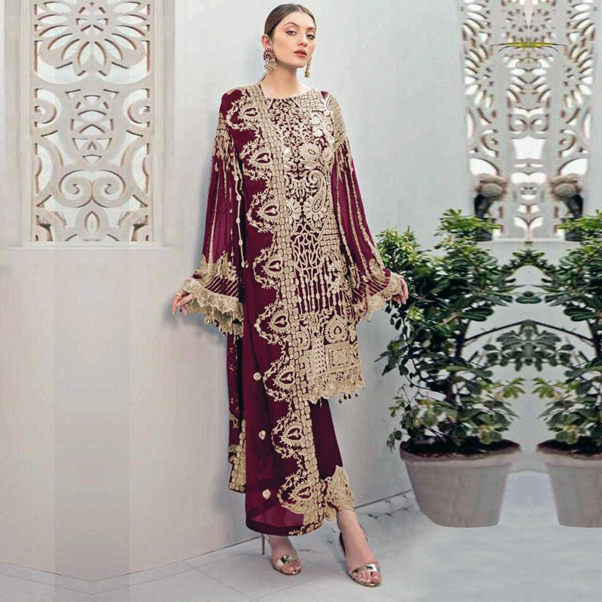 Maroon Partywear Embroidered Georgette Pakistani Suit - Peachmode