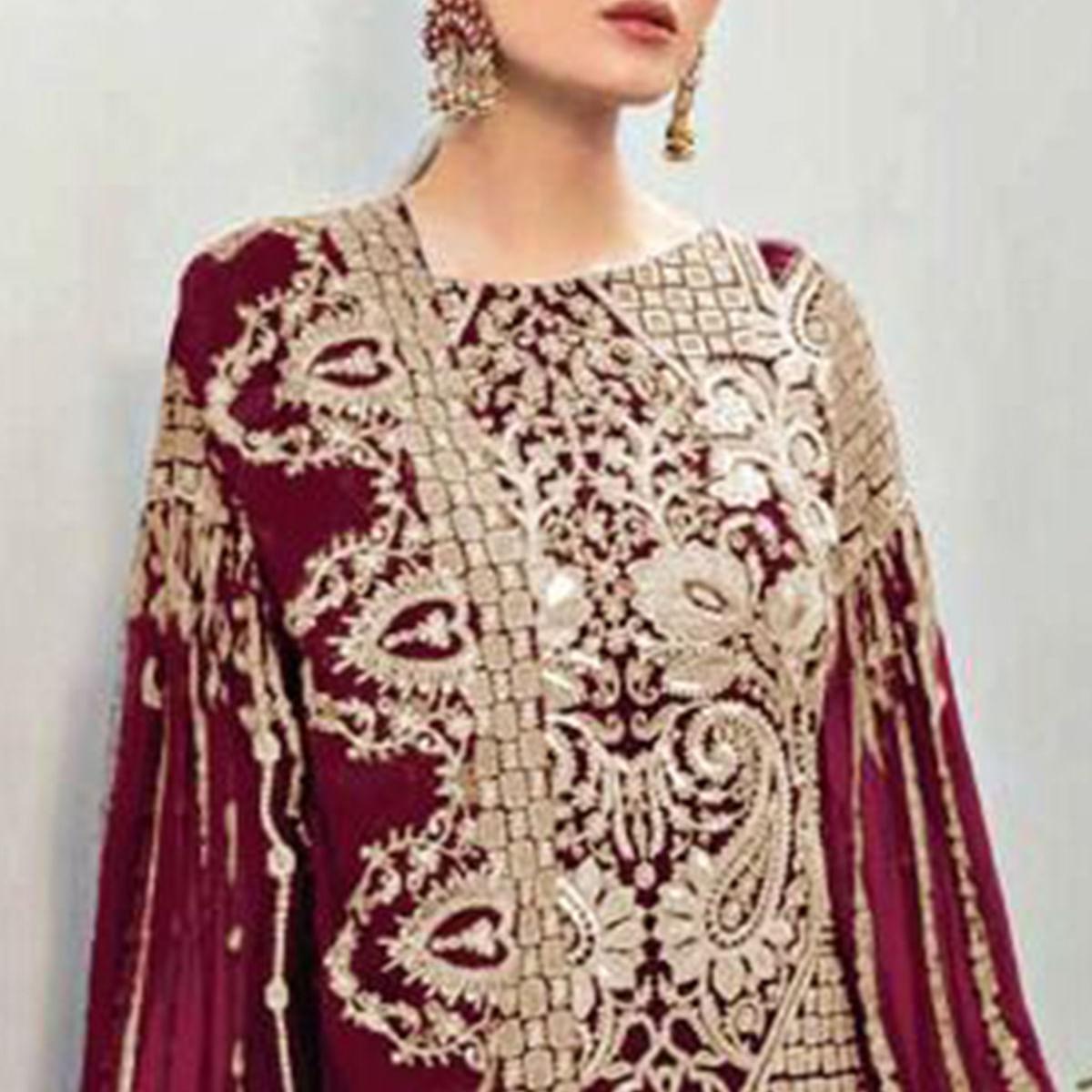 Maroon Partywear Embroidered Georgette Pakistani Suit - Peachmode