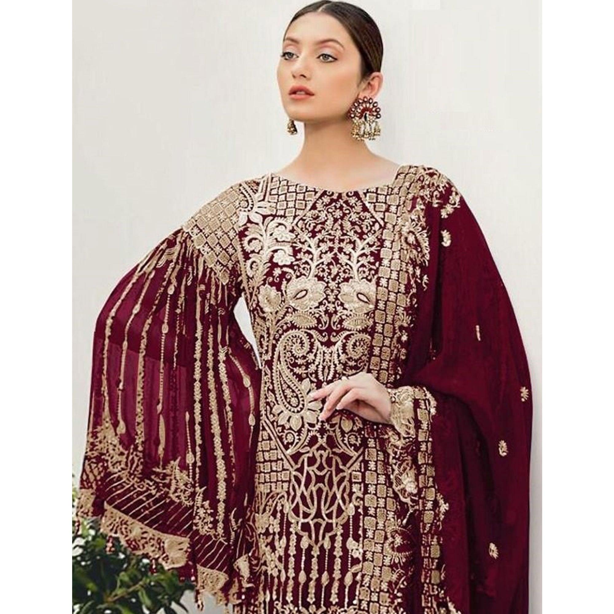 Maroon Partywear Embroidered Georgette Pakistani Suit - Peachmode