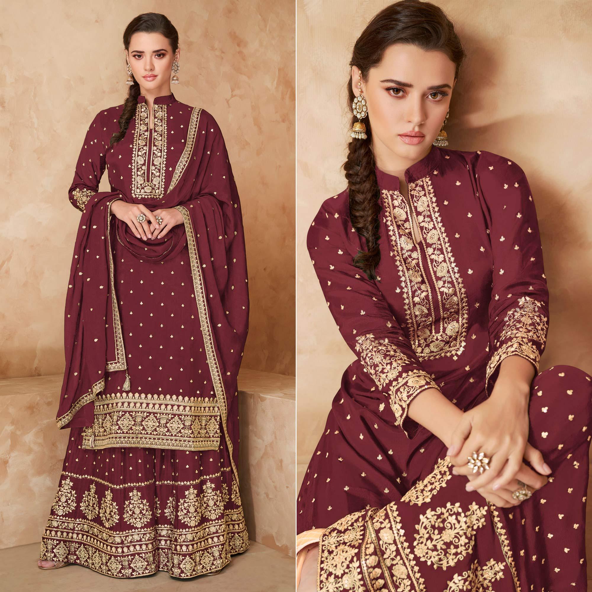 Maroon Partywear Embroidered Georgette Palazzo Suit - Peachmode