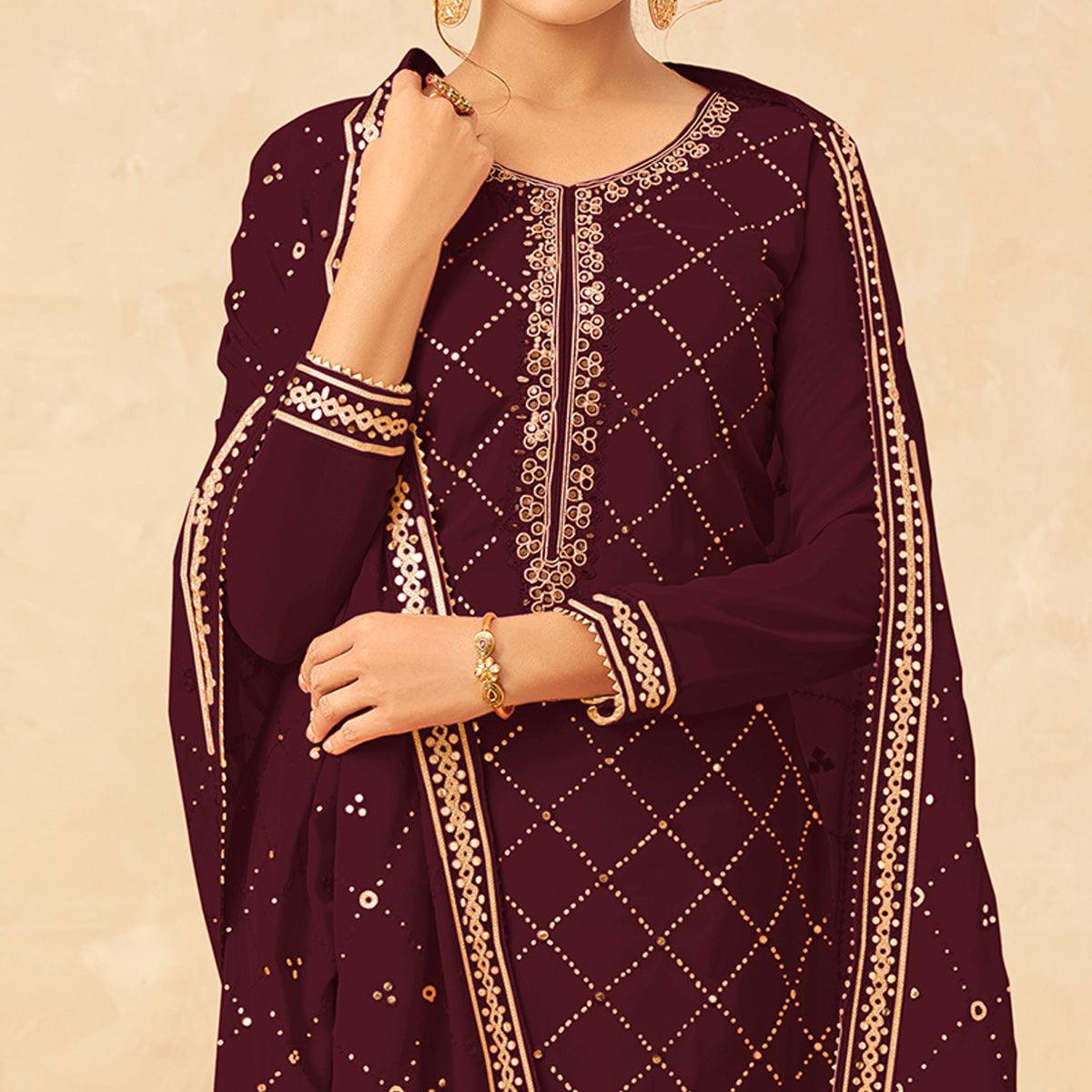 Maroon Partywear Embroidered Georgette Palazzo Suit - Peachmode