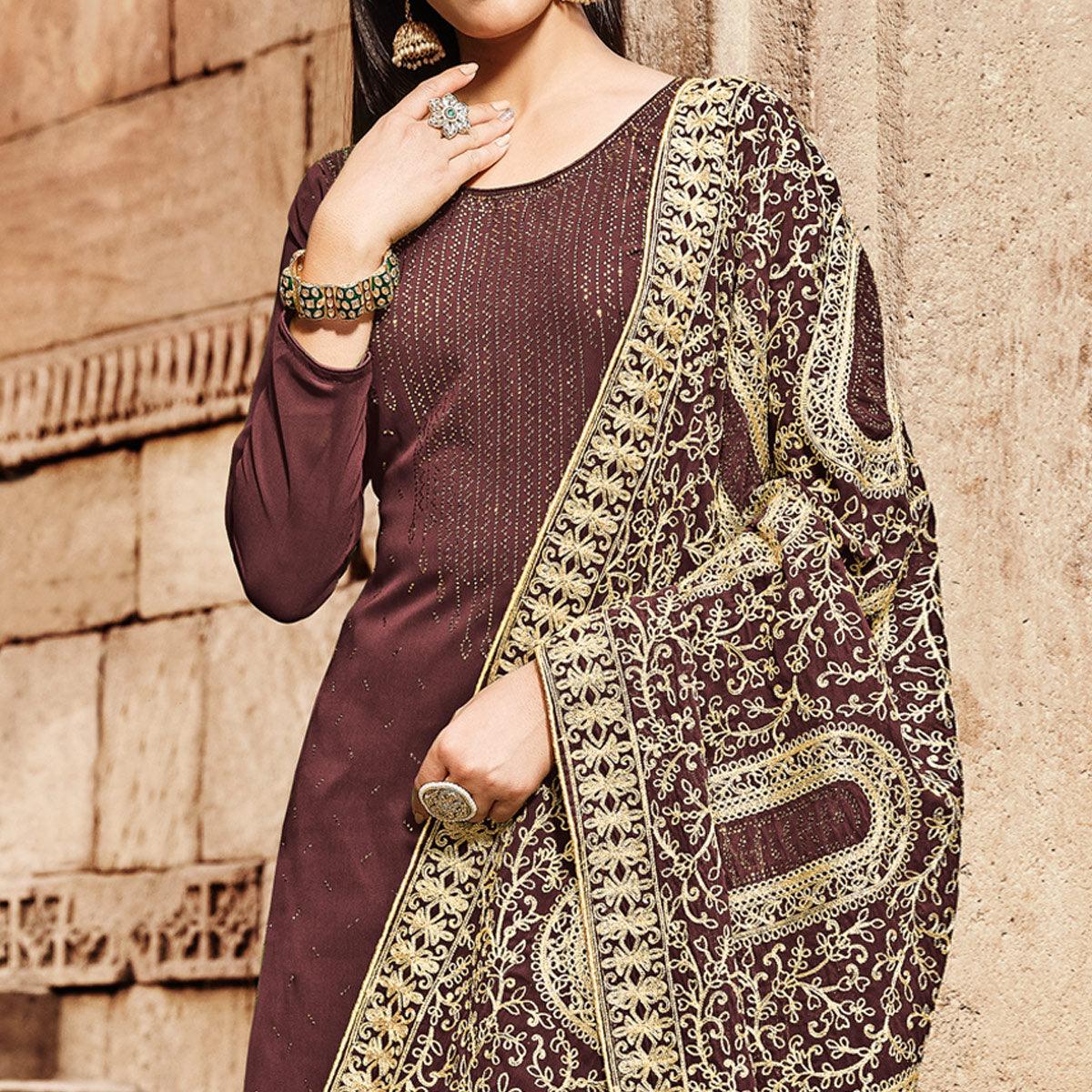 Maroon Partywear Embroidered Georgette Palazzo Suit - Peachmode